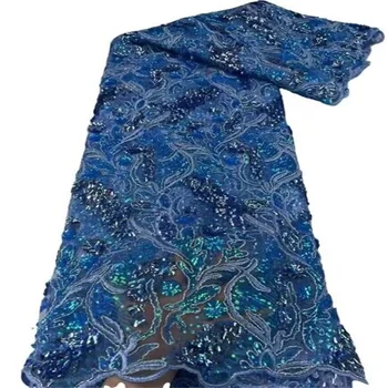 Синяя роскошная кружевная ткань с пайетками, вышивка, Африканская Французская сетка, тюлевая кружевная ткань для вечернего платья в Нигерии, свадебное платье для вечеринок