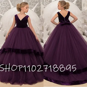 Элегантные фиолетовые платья без рукавов с V-образным вырезом для девочек в цветочек для свадьбы, Бархатные многоуровневые Длинные платья для первого причастия с бантом