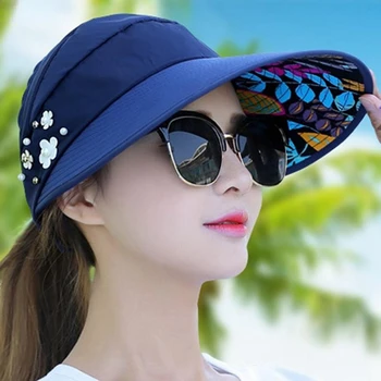 Летние шляпы для женщин, складная солнцезащитная шляпа с жемчужным цветочным козырьком, солнцезащитная кепка, женская повседневная бейсболка для женщин на открытом воздухе
