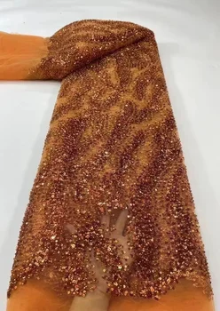Кружевная ткань и блестки, блестящие хрустальные бусины, свадебное платье из красного бисерного Нигерийского тюля 2023, высококачественная французская сетка, последовательность