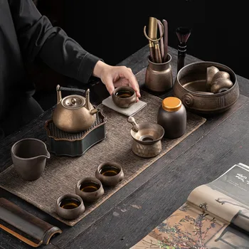 Чайный сервиз с позолоченной железной глазурью в японском стиле, полный набор керамических чайных сервизов Кунг-фу, чайник, чашка, Винтажная домашняя чайная посуда, кухня, столовая