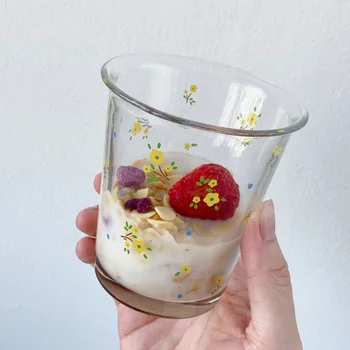 Чашка из цветочного стекла, короткие кофейные стаканы в корейском стиле, милые стаканчики для молока, йогурта, сока, воды, напитков.