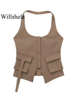 Willshela, женские модные топы с карманами, без спинки, на молнии спереди, винтажные женские топы с коротким рукавом