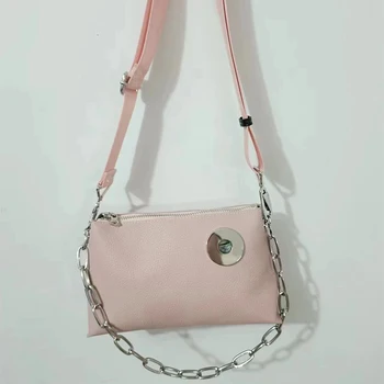 Розовая кожаная сумка на цепочке с розовым ремнем - это модно и оригинально, чтобы подчеркнуть темперамент, высококачественная женская сумка из натуральной кожи