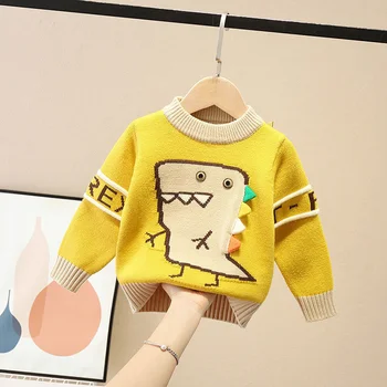 Желтый свитер с динозавром, одежда для маленьких девочек, зимние детские топы для мальчиков, повседневные детские пуловеры из крошечного хлопка с длинным рукавом
