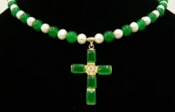 Настоящий белый жемчуг, подвеска с зеленым нефритовым крестом, ожерелье с застежкой KGP