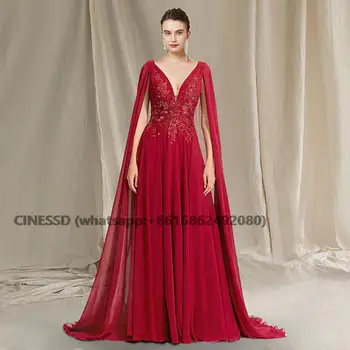 Красное платье трапециевидной формы для матери невесты 2023, Элегантный V-образный вырез, кисточка, шлейф, Шифоновые Свадебные платья для гостей, Складки, аппликации