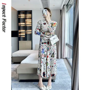 Женское платье с длинным рукавом в складку Miyake Ранней осенью 2023, новое модное платье с принтом Design Sense, элегантное и тонкое длинное платье