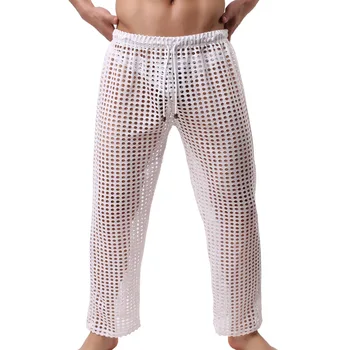 Сексуальное сетчатое нижнее белье для сна для мужчин Пижамы Прозрачные Свободные Длинные брюки Пижамы Мужские Открытые брюки в сеточку Сексуальные пижамы