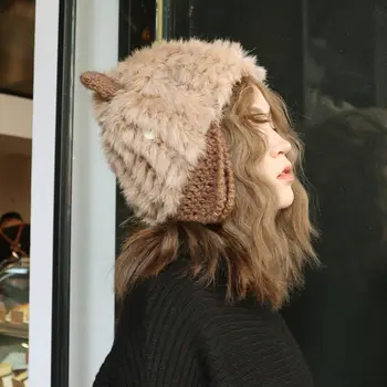 Сладкий милый кот уши кепка в корейском стиле с кроличьим мехом соломенная шляпа женская Японская осень и зима вязаный Лэй Фэн Кап прилив 