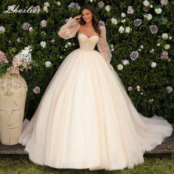 Роскошное элегантное бальное платье без бретелек из тюля, свадебные платья длиной до пола, расшитое бисером свадебное платье со шлейфом в виде часовни