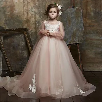 Платье девушки цветка розовый пушистый тюль белый кружевной первый 3D аппликация свадебные элегантные цветы детское евхаристическое день рождения платье
