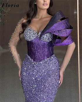 Изготовленные на заказ Фиолетовые вечерние платья с пайетками, халаты 2023, Арабское платье для выпускного вечера в Дубае на одно плечо, Элегантное платье для вечеринки по случаю дня рождения, расшитое бисером