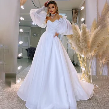 Блестящее плиссированное свадебное платье из крепа со съемными рукавами-пузырями и шлейфом в виде часовни, потрясающее официальное свадебное платье для женщин
