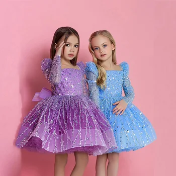 Фиолетово-розовые Короткие платья с кристаллами для девочек-цветочниц 2023, бальное платье, расшитое блестками, элегантные платья для Первого причастия на детский день рождения
