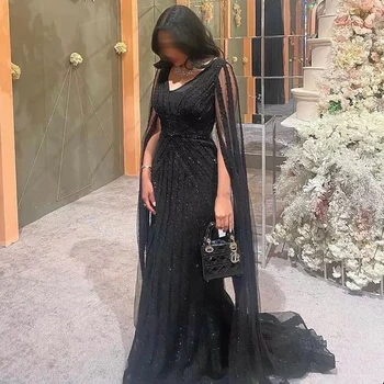 Черные арабские вечерние платья русалки с рукавами-накидками Sharon Said 2023, роскошные расшитые бисером женские платья для свадебных вечеринок в Дубае SS218