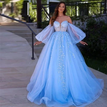 Пышное небесно-голубое платье для выпускного вечера с блестящими аппликациями, расшитое бисером, Съемные пышные рукава, тюлевые бальные платья, корсет, вечернее платье принцессы