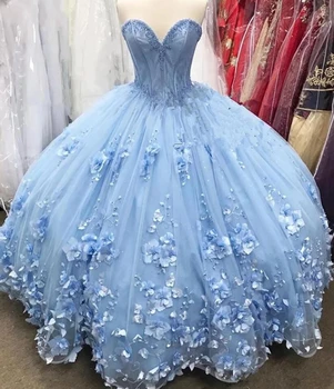 ANGELSBRIDEP Светло-Голубой Плюс Размер Сладкие 16 Пышных Платьев Бальное платье С 3D Цветами Платья Для Дебютанток Vestidos De 15 Anos