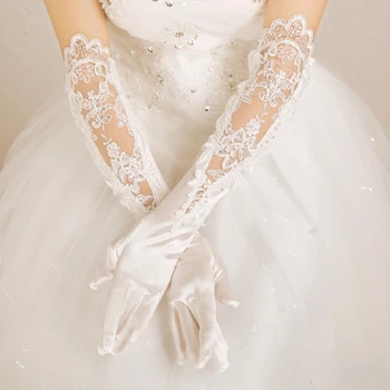 Элегантные Свадебные Перчатки, Свадебные Кружева Атласная Блестками Длинные Белые Ручной Работы Невесты Невесты Женщин Pageant Пром Перчатки
