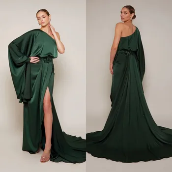 Темно-зеленое вечернее платье на одно плечо с разрезом, Шелковое атласное Классическое платье для выпускного вечера, кружева, блестки, официальная вечеринка vestido de novia