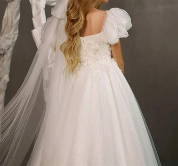 Белое пушистое платье с цветочным узором для девочки, свадебное платье с кружевной аппликацией из тюля, Элегантное платье в цветочек для первой принцессы Евхаристии на день рождения ребенка