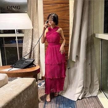 OIMG Fuschai Арабские Короткие вечерние платья на бретелях Чайной длины без рукавов в Дубае на заказ Вечерние платья для выпускного вечера Платье для ночного клуба