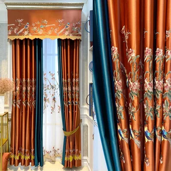 Европейские шторы для гостиной столовой Роскошной спальни с затемнением ОранжевоСиние лоскутные шторы для виллы с высокоточной вышивкой