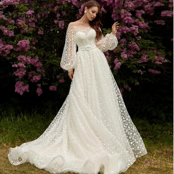 Уникальное свадебное платье MoonlightShadow Pastrol с длинными рукавами и шлейфом, прямая поставка, платье в горошек с открытыми плечами, праздничное платье в горошек