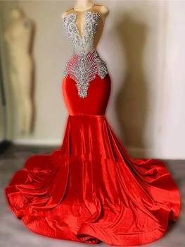 Красное платье для выпускного вечера для женщин, элегантное платье без рукавов с круглым вырезом, длина до пола, торжественная вечеринка, расшитое серебряными кристаллами и блестками, Vestido