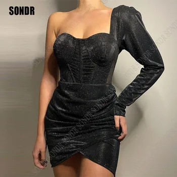 SONDR Блестящие черные вечерние платья со складками, платья знаменитостей с одним рукавом, облегающее платье для выпускного вечера, свадебное коктейльное платье, сшитое на заказ
