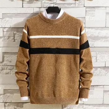 Мужской свитер с круглым вырезом, стильный мужской свитер в полоску с принтом, приталенный пуловер с длинными рукавами для модного осенне-зимнего трикотажа