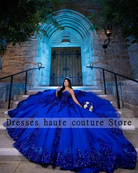 Королевское синее бальное платье Tule Sweetheart Quinceanera Dresses 2023 С блестками Sweet 16 Dress Платья для вечеринки по случаю дня рождения Vestido De 15 Anos