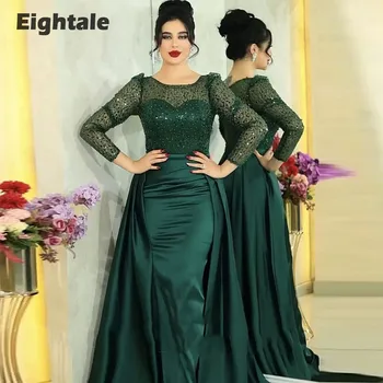 Роскошное Вечернее Платье Eightale со Съемной Юбкой, Атласные Платья С Длинными Рукавами Темно-Зеленого Цвета 