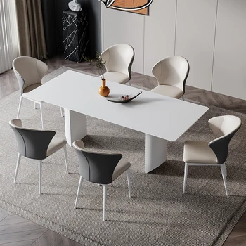 Сочетание белого стола и стула Мебель для столовой Современный дизайн Каменная плита 2 метра 6 человек Минималистичная кухонная мебель