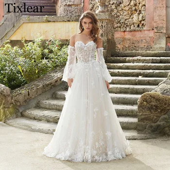 Винтажное свадебное платье TIXLEAR с аппликацией в виде сердца, Тюлевое кружево, А-силуэт, Съемные пышные рукава, свадебные платья Vestidos De Novia