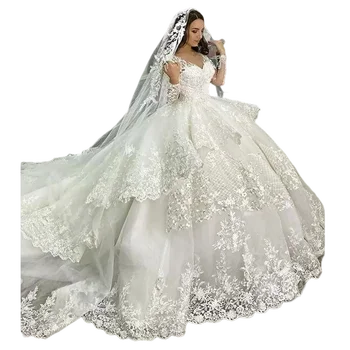 Бальное платье с длинным рукавом Свадебные платья 2023 Robe Mariee Cathedral Train Роскошные Свадебные платья с Vобразным вырезом, расшитые бисером и кружевной аппликацией