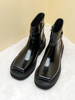 Осенне-зимние новые мужские ботинки из воловьей кожи с квадратным носком, простые короткие ботинки в английском стиле на толстой подошве, мужская обувь премиум-класса