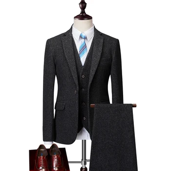 (Куртки + жилет + брюки) Брендовая одежда Мужские деловые блейзеры из шерстяной ткани высшего качества/Мужской приталенный однотонный костюм/ Платье для жениха