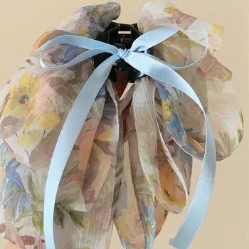Шифоновая лента с цветочным бантом, коготь для волос, модный головной убор в корейском стиле с бантом, шпилька для волос