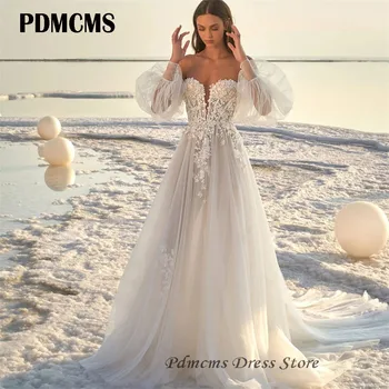 PDMCMS, Пляжное свадебное платье с пышными рукавами, кружевные свадебные платья трапециевидной формы с открытыми плечами, аппликации принцессы, платья невесты со шлейфом