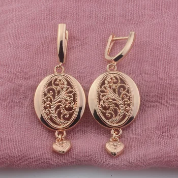 2 Стильных женских украшения из розового золота 585 пробы Овального круглого с подвесками в виде сердца