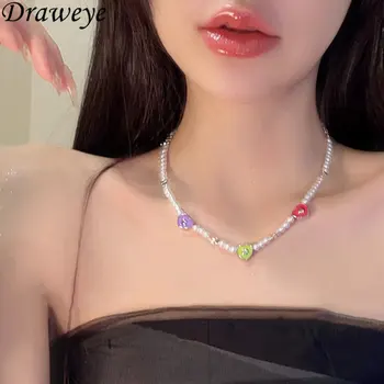Draweye Летнее Красочное ожерелье в виде сердца для женщин, жемчуг, бусы, Корейские модные Милые ожерелья для женщин, милые подвески-чокеры