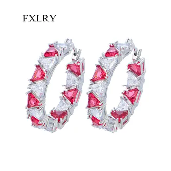 FXLRY Элегантные сверкающие треугольные серьги-кольца с покрытием из красного кубического циркония, шикарные двухсторонние круглые серьги-кольца с фианитами для женщин
