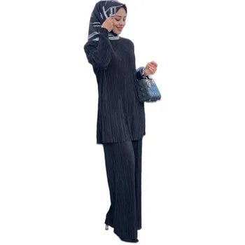 Свободный плиссированный мусульманский костюм в этническом стиле, женский костюм арабов Юго-Восточной Азии, топ с длинным рукавом, прямые брюки, повседневный комплект из двух предметов
