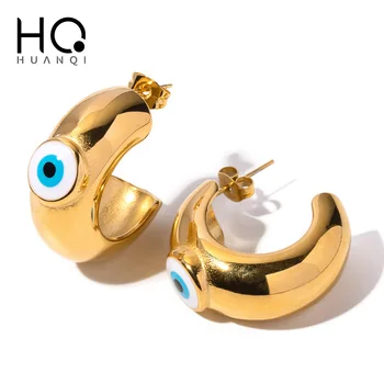 Серьги-гвоздики HUANQI Золотого цвета в форме глаз с геометрическим треугольником для женщин и девочек из нержавеющей стали INS Модные массивные ювелирные изделия 2023 г.