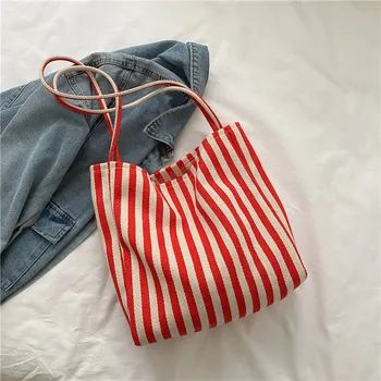 Женские сумки через плечо, портативная холщовая сумка для покупок большой емкости, простые полосатые сумки подмышками, Корейская сумка Ulzzang, женская сумка Ins.