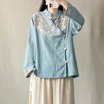 2023 китайская ретро жаккардовая хлопчатобумажная льняная рубашка женская планка со стоячим воротником и пряжкой zen tea костюм жакет с длинными рукавами топ