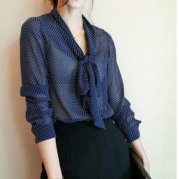 Женская рубашка с длинными рукавами в горошек, весна 2023, новый стиль, профессиональный свободный крой, Корейская версия, для похудения, на завязках