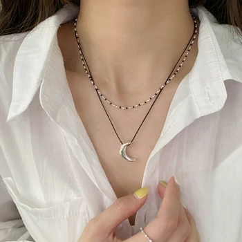 Милое прохладное ожерелье с подвеской в виде Луны, двухслойное ожерелье из бисера, модные украшения, элегантное ожерелье-цепочка на ключицу.