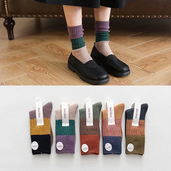 Японские свободные носки для старшеклассниц Harajuku, носки с толстой иглой, подходящие по цвету, хлопчатобумажные носки в полоску из твердых спиц, вязаные спицами